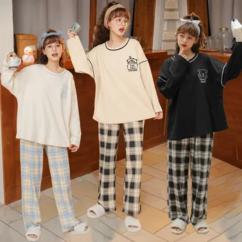 

Check Pajamas Women's Long Sleeve Daily Home Wear In Spring and Autumn Knitting Polyester Cotton Sleeve Head Out for Leisure