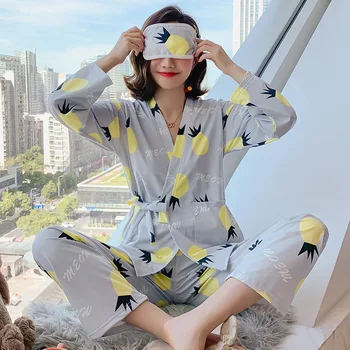 

Pyjamas Sets Japanese kimono straps Woman Full Elegant Home Wear Sleep Clothing Female Pajamas Suit with eye-patch