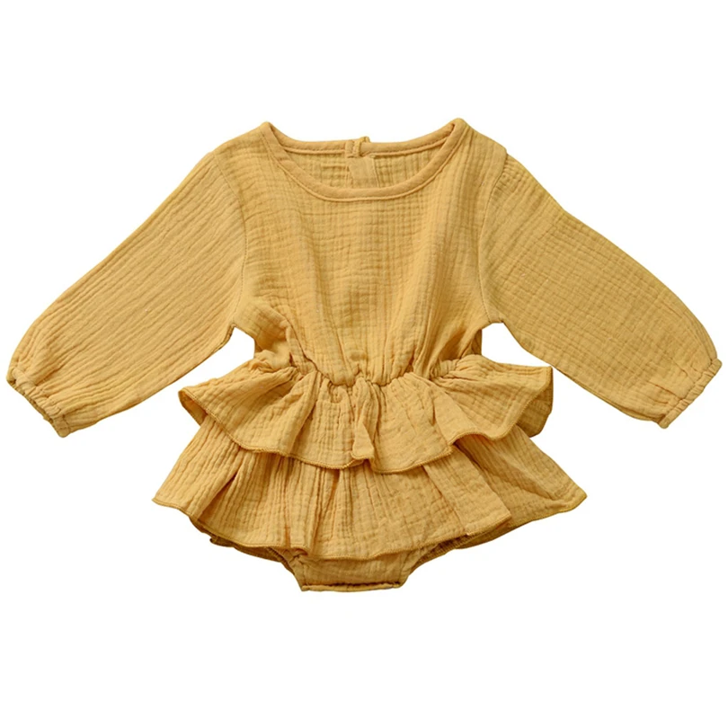 Newborns Bodysuit Infant Girls Solid Cotton Linen Double Layer Ruffle Autumn Long Sleeve Jumpsuit Casual Baby Clothes 0-24M A20