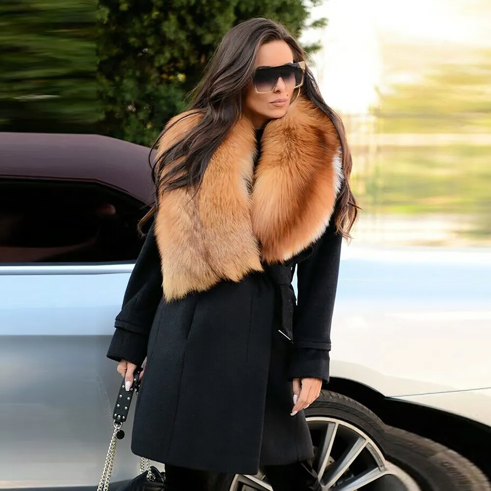 100% Cashmere Long Coat Women Warm Winter Parkas Outwear Jacket Real Fur Collar 