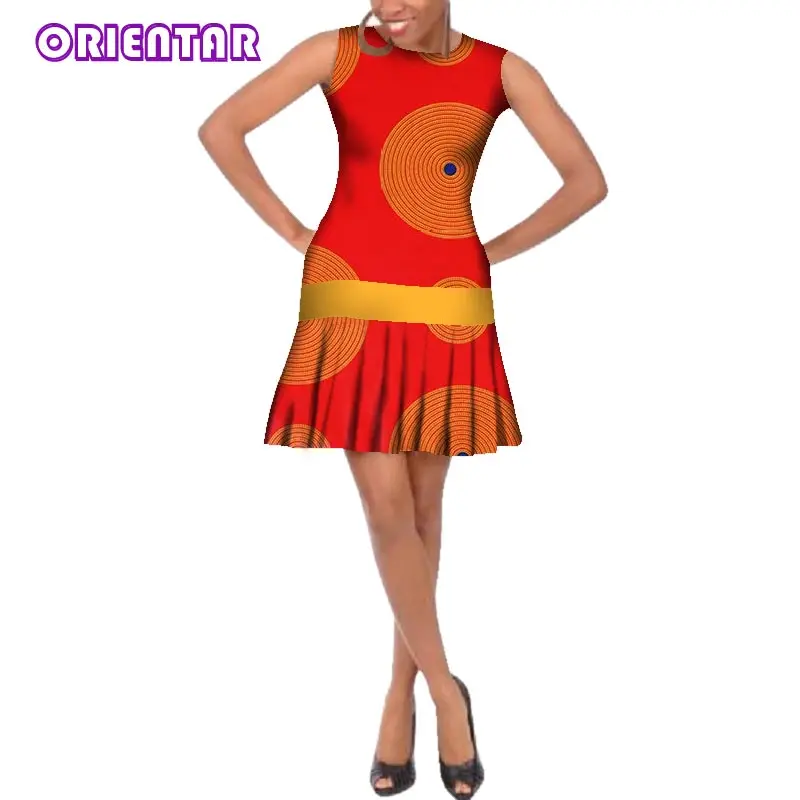 

Women African Bazin Riche Ruffes Midi Dresses African Clothes Dashiki African Wax Print Cotton Lady Sleeveless Dress WY256