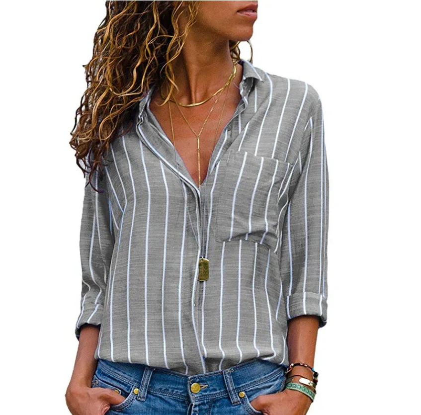 Women Stripe Shirts Blouses Long Sleeve Casual Lady Office Chiffon Shirt Autumn Blouse Loose Button Mujer Blusas Top Plus Size