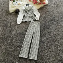 

Temperament Plaid Workplace Suit Women's Fall 2021 New Stand Collar Lantern Sleeve Tops Straight Pants Two-piece Set