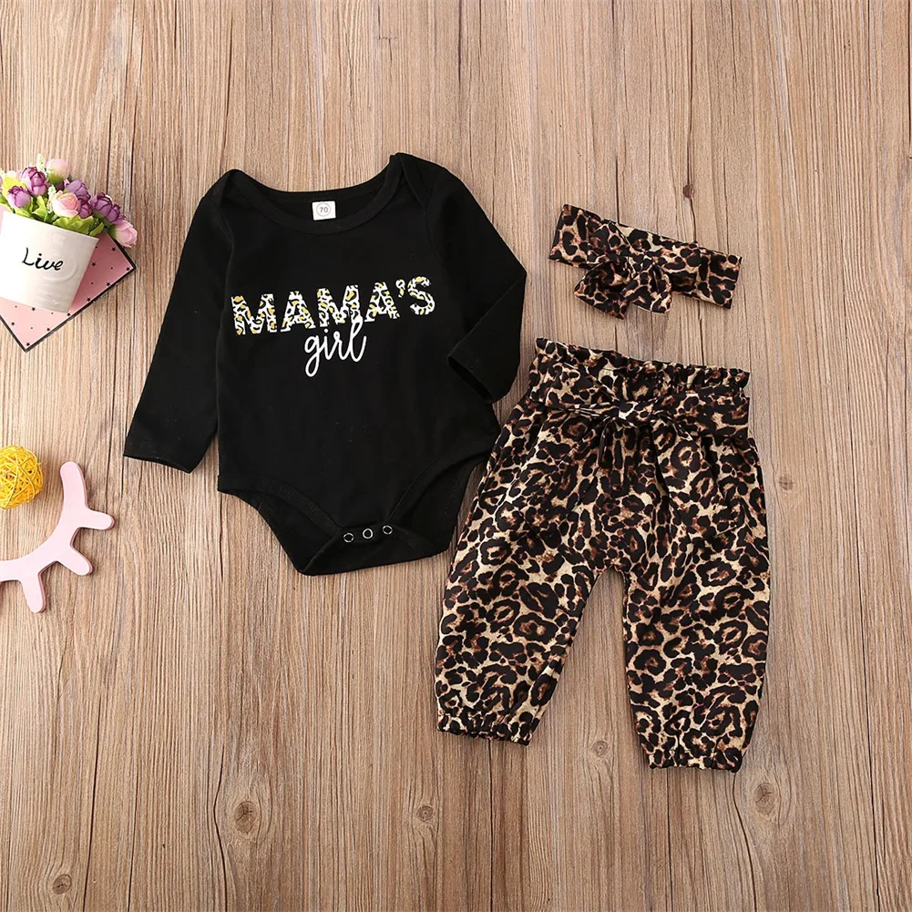Mama's/хлопковый боди с длинными рукавами для новорожденных девочек, Топы, Длинные леопардовые штаны, штаны, повязка на голову, комплект одежды для малышей из 3 предметов