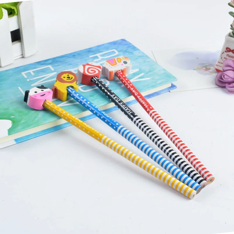 10pcs/package cute wooden animal student standard pencil and rubber head children learning cartoon personality pencil gift