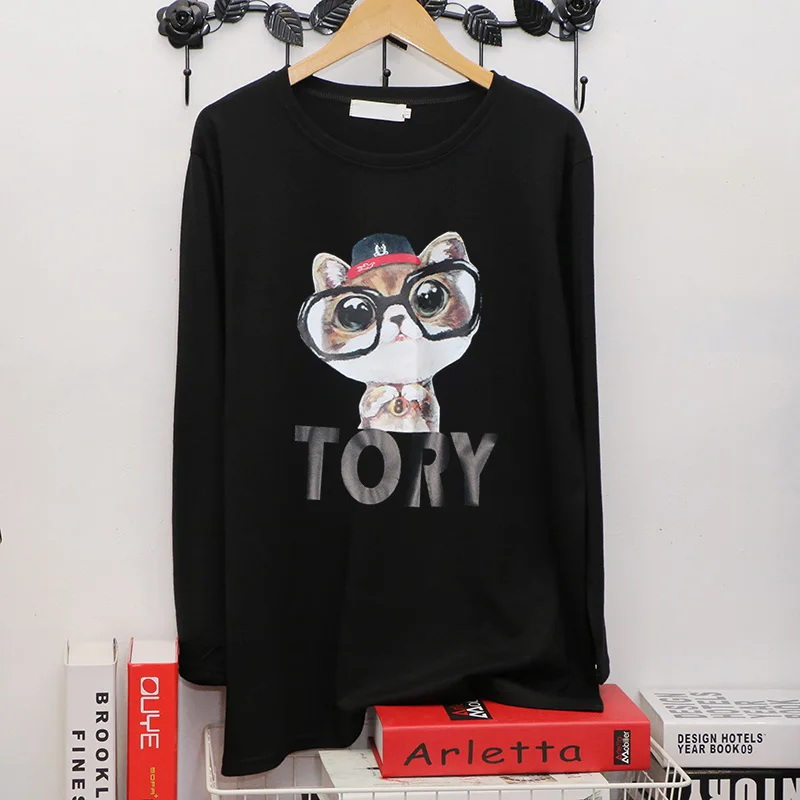 

DONAMOL Plus size black Lady Tshirt Cute bear printing Pullovers Tops loose cotton long sleeve Hipster Korean O-Neck Tees