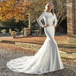 Mermaid Floor-Length Wedding Dresses with Tulle Jersey Applique Scoop Illusion Sweep-Brush Train Button Back Lace Bridal Gowns