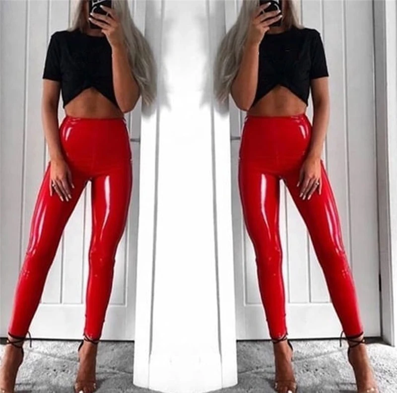 NEW Fashion Women's Wet Look Stretchy Pants Solid Red Faux Leather Skinny Leggings Pencil Trousers - Color: E