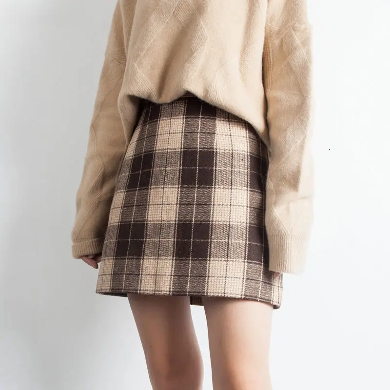 Осенняя шерстяная мини-юбка для женщин с высокой талией, винтажные клетчатые юбки трапециевидной формы на молнии