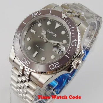 

40mm Bliger NH35 Mechanical Automatic Movement Men's Wristwatch Gray Dial Jubilee Sapphire Date indicator luminous roating bezel