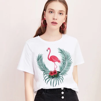 

O-neck White Tops Female Clothing Short Sleeve T-shirt Summer T shirt Women Harajuku Printing Flamingo Casual Fashion Tshirt