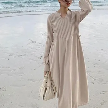 

Retro French Girl Chic Knitting Dresses V-neck Long Sleeve Basic Dress Mori Girl 2020 Spring Women Long Sweater Dress vestidos