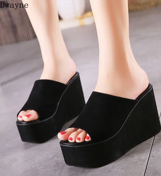 

Summer new Korean high-heeled slippers black suede wedges platform women's slippers non-slip wild casual slippers