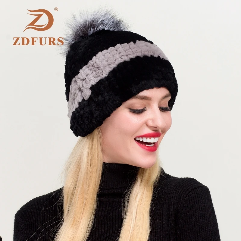 ZDFURS* Зимний Настоящий мех кролика шапка с помпон из лисьего меха женские зимние эластичные вязаные Настоящий мех кролика шапки - Цвет: black grey
