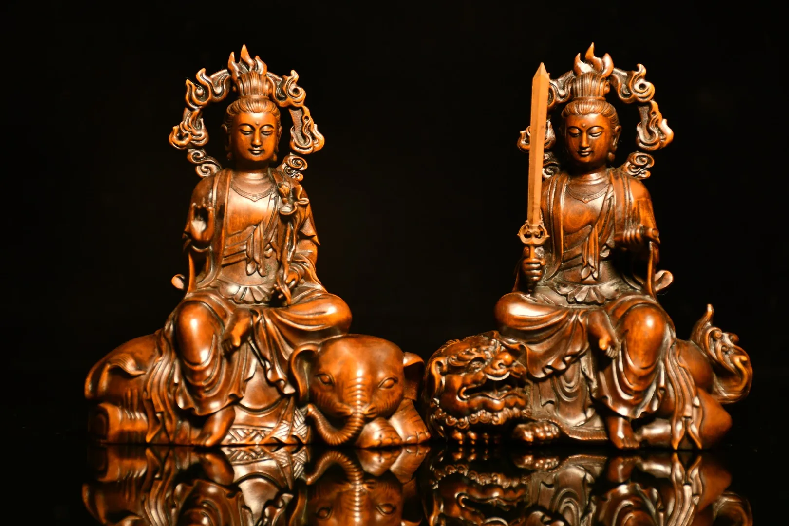 

5"Tibetan Temple Boxwood Hand-carved Manjushri Samantabhadra 2 pieces Buddha statue Sitting Buddha Office Ornaments Town House