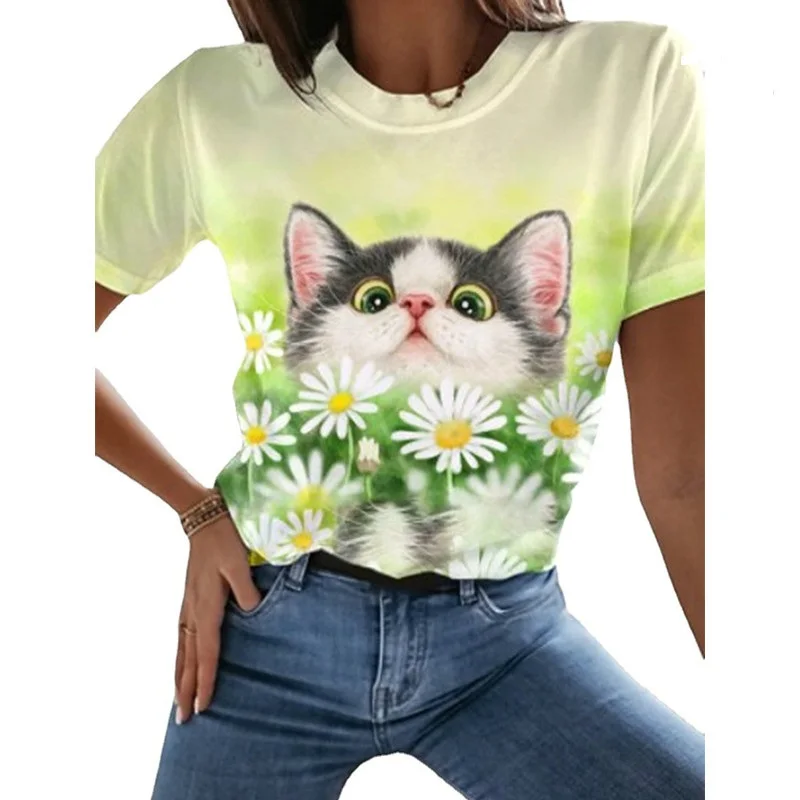 Summer Pink Women's Top Kawaii Cute Cat Love Top Harajuku Short Sleeve Streetwear Blusas Casual Women's Top haut femme élégant