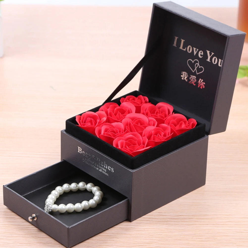 

Valentine's Day Festival Double Layer Drawer Rose Flower Jewelry Necklace Case Lipstick Storage Gift Display Box Storage Boxes