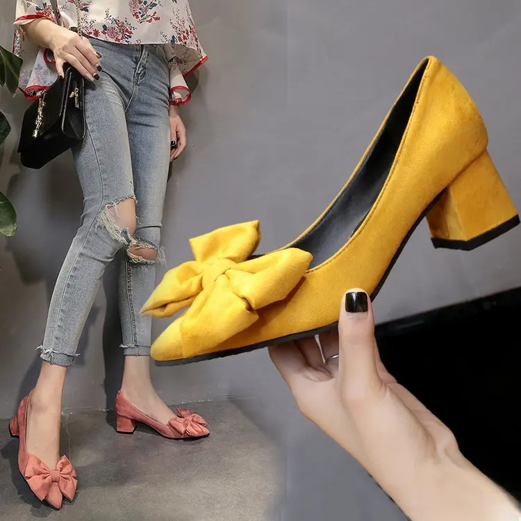 

2019 New Thick with Pointed Butterfly-knot High Heels Sweet Small Fresh Single Shoes Black Party Work Womens Shoes Elegant Pumps