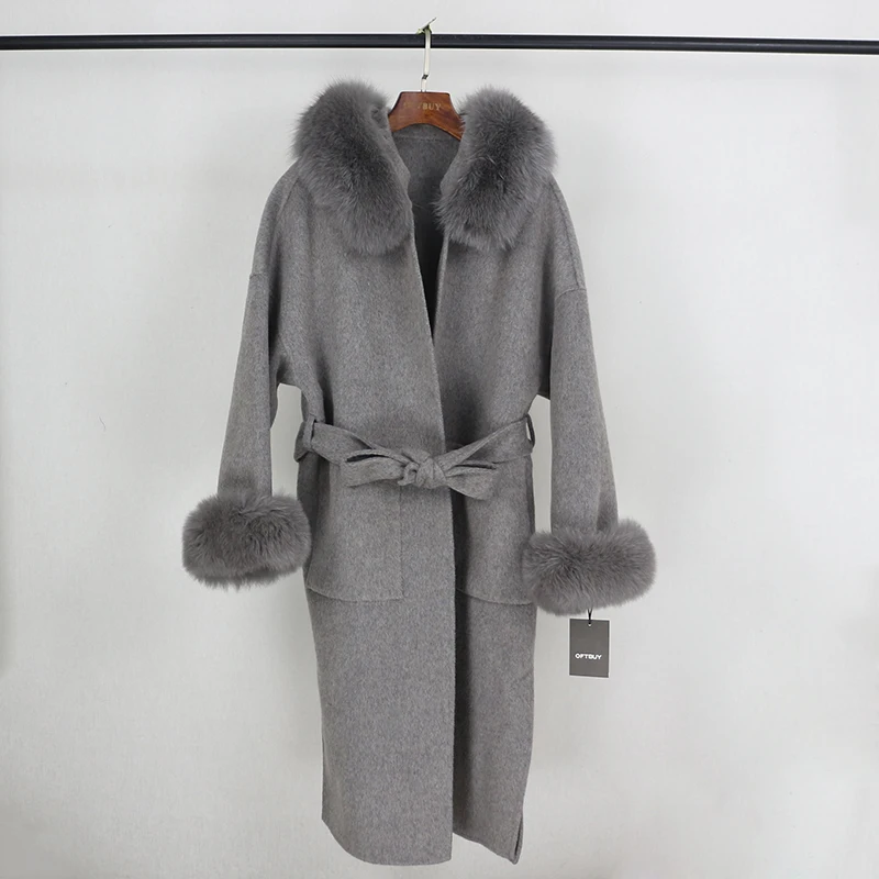 OFTBUY пальто с натуральным мехом, зимняя куртка для женщин, Воротник из натурального Лисьего меха, манжеты на капюшоне, кашемировая шерсть, шерстяная женская верхняя одежда больших размеров