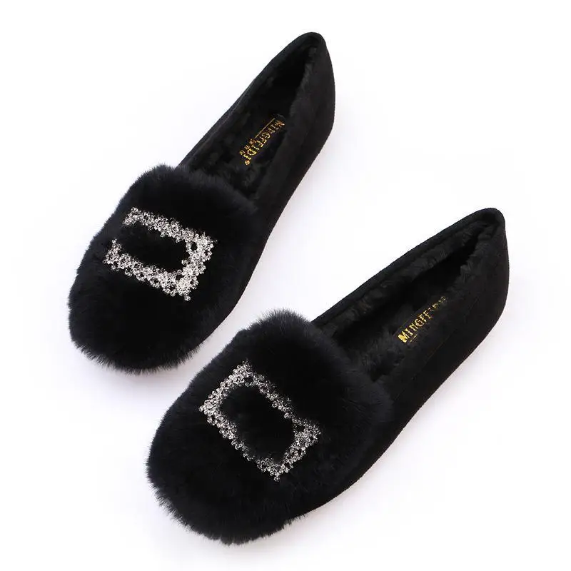 

Warm Fur Plush Loafers Women Flats Winter Shoes Slip On Sweet Crystal Lady Moccasins Footwear Large Size Casual Cotton Shoes New