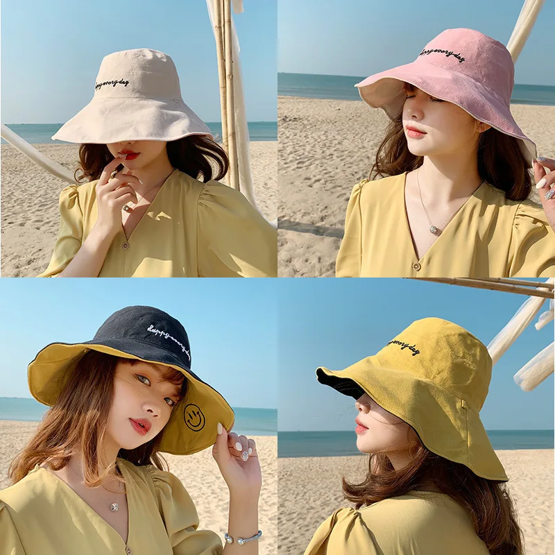 

Hat Women's Double-Sided Embroidered Letters Bucket Hat Korean-style Spring And Summer Versitile Fashion Big Brim Smiley College