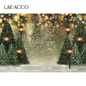 

Christmas Backdrops For Photography Pine Tree Winter Snow Street Lamp Polka Dots Light Bokeh Scenic Photo Background Photostudio