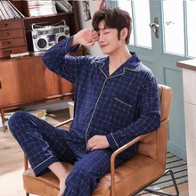 Осенне-зимняя Хлопковая мужская пижама с длинными рукавами, тонкий хлопковый домашний костюм