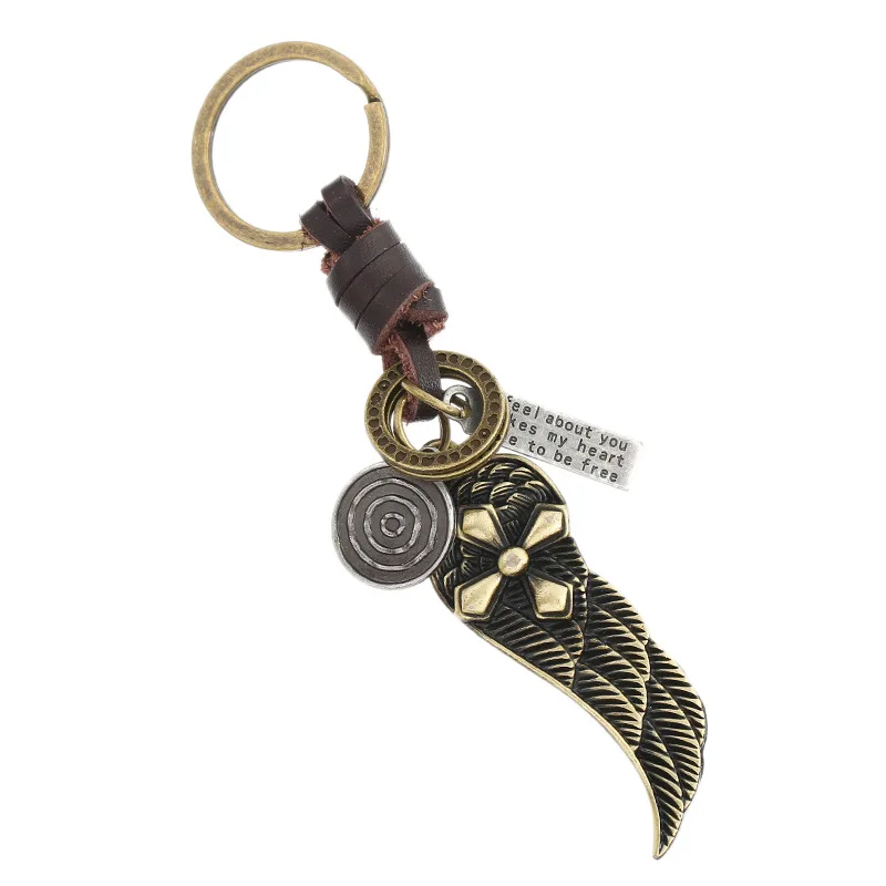 

Punk Hand-woven Automobile Hanging Ornament Retro Leather Keychain Wing Cowhide Key Chain Metal Key Ring