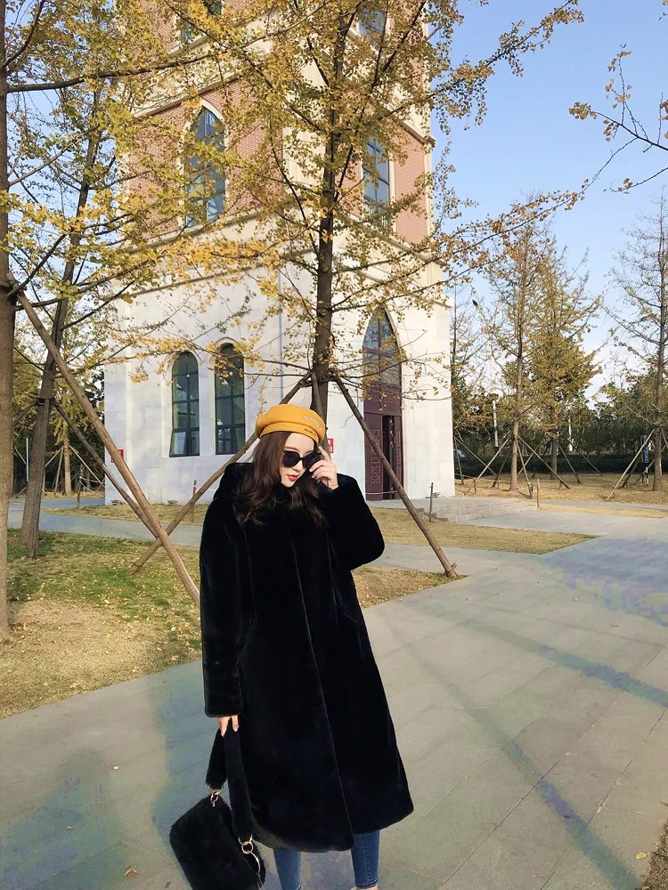 Зимнее пальто женское меховое новое пальто из искусственного меха кролика с капюшоном Свободное пальто из искусственного меха толстое теплое длинное пальто из плюша высокое качество черные меховые пальто