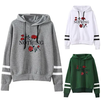 

Hoodies Women Leisure Rose Printed Striped Stitch Long Sleeve Hooded Womens Pullover Soft Cotton Korean Style Sweatshirts #R
