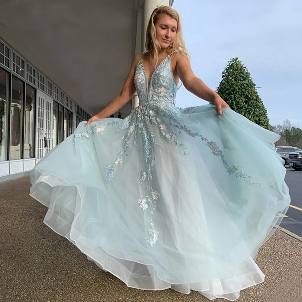 Женское платье с аппликацией BeryLove bleu clair belle robe de bal 2020 une ligne dentelle col en V dos ouvert fille soirée