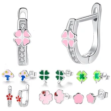 925 пробы, серебряные серьги-гвоздики, эмаль, прекрасный четырехлистный клевер, сердце, цветок, кристалл, серьги для девочек, детские ювелирные изделия