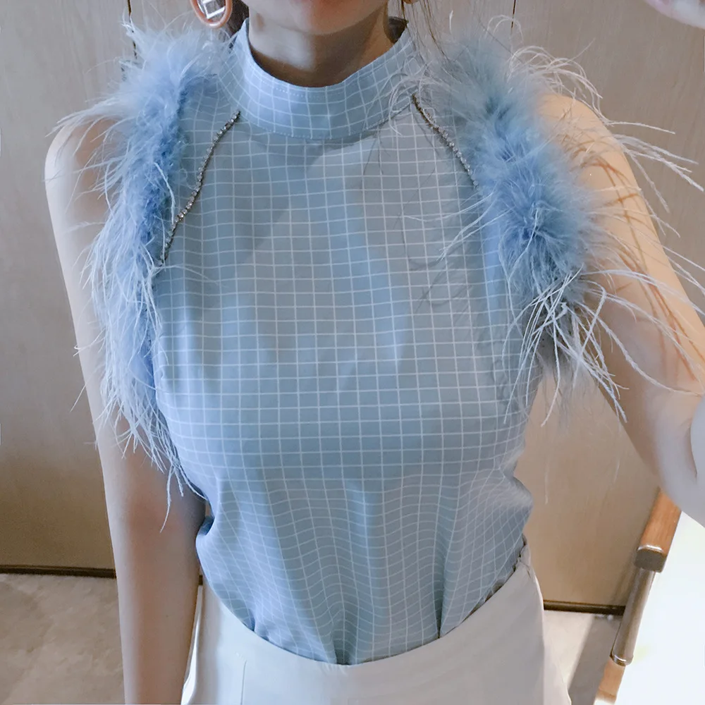 [LIVIVIO] страусиные перья без рукавов с открытыми плечами Жилет Безрукавка Женская корейская модная одежда