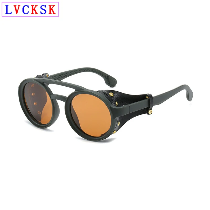 

New Arrived Retro Round Men Punk Polarized Sunglasses Europe America Fashon Driving Sunglasses Rivets Leather Temple Design N5