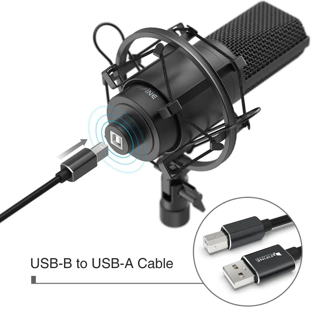  Fifine USB PC Condenser Microphone with Adjustable desktop mic arm shock mount for Studio Recording