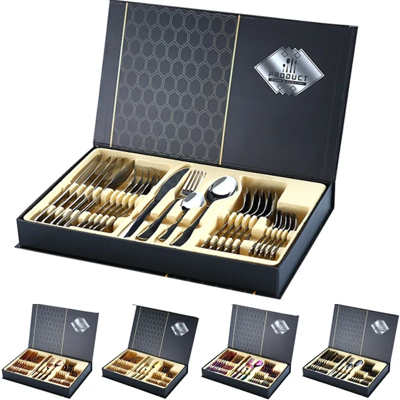 Talheres de luxo em aço inoxidável, estilo nórdico, 1010, com caixa de  comida ocidental, prata e ouro, 24 peças, sólido|Aparelhos de jantar| -  AliExpress