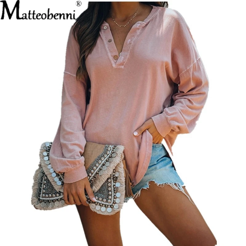 

Autumn Women Sexy V-neck T Shirts Long Sleeve Button loose Pullover T-Shirt Sexy Basic Casual Tops Female Solid color Tee Shirt