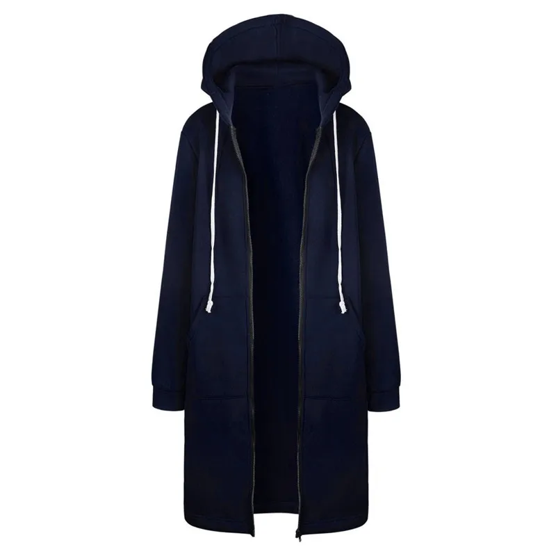 Женское пальто толстовка плюс размер модное осенне-зимнее теплое пальто однотонный Повседневный свитшот на молнии с капюшоном длинное пальто куртка верхняя одежда 5 - Цвет: Navy