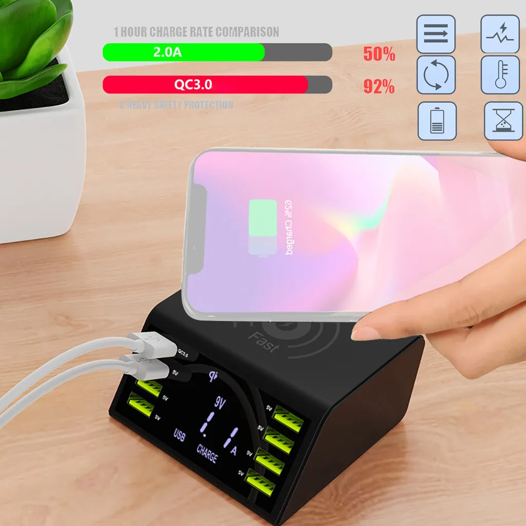 Зарядное устройство для телефона, универсальная умная зарядка, Displa, USB светодиодный дисплей, 8 портов, зарядная станция для смартфона, камеры, планшета, MP3 плеера