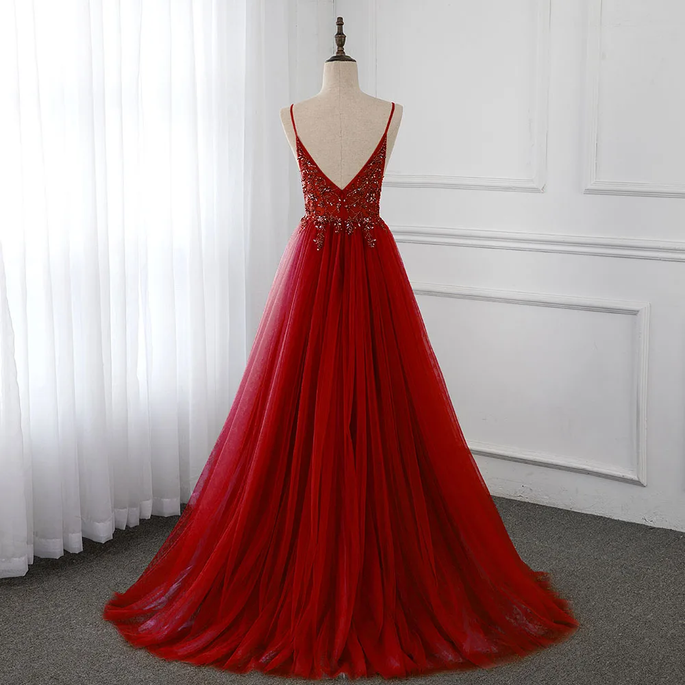 Sweet Wine Red Crystal Long Prom Dresses 2020 Straps Spaghetti Tulle Evening Gown Slit Right YQLNNE