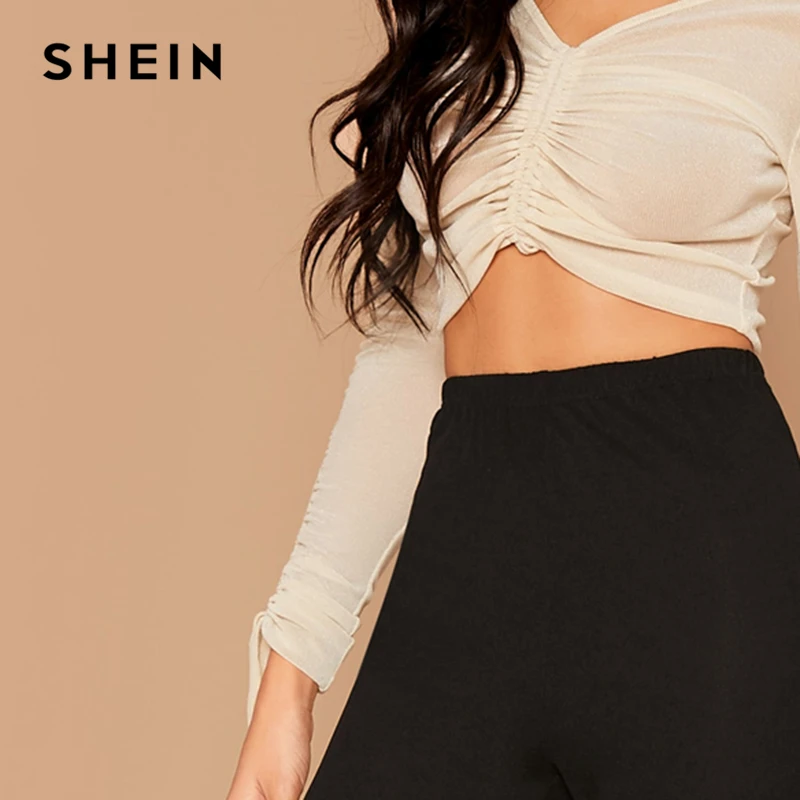 SHEIN черные однотонные элегантные брюки с высокой талией и расклешенными штанинами для женщин, Осенние эластичные свободные женские офисные эластичные длинные брюки