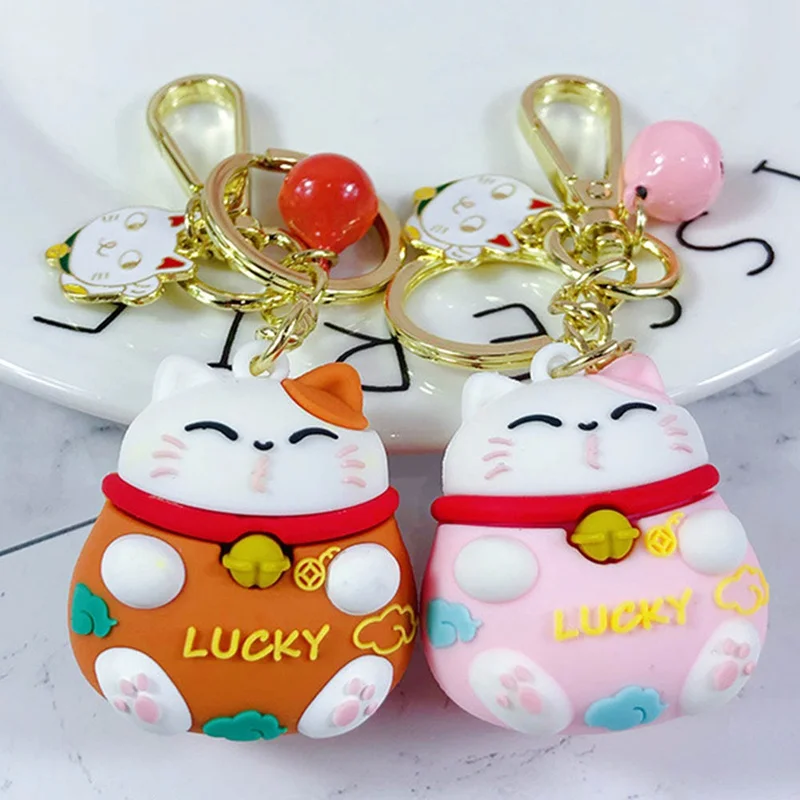 

1PC Fortune Cat Keyring Lucky Beckoning Cat Bell Keychain Cartoon Animal Key Ring Car Hanging Jewelry Gift