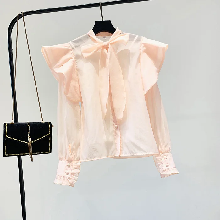

Lotus Shirt Women 2019 Autumn New Lace Chiffon Shirt Long Sleeve Korean Bow Collar Blouse Girls Ladies All-match Basic Tops