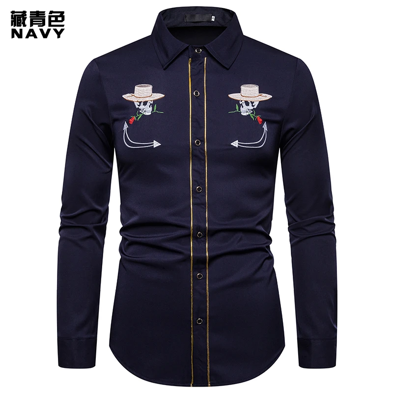 Брендовая мужская рубашка высокого качества с вышивкой черепа, рубашка, приталенная Повседневная ковбойская рубашка с длинными рукавами, европейские размеры, рубашки размера XXL - Цвет: 1 Navy Shirt