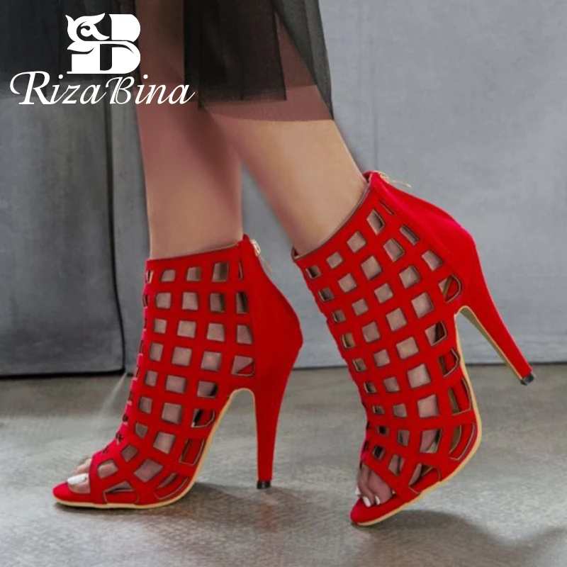 

RIZABINA Plus Size 33-43 Women Ankle Boots Summer Thin High Heels Open Toe Zipper Shoes Women Solid Color Sexy Party Footwear