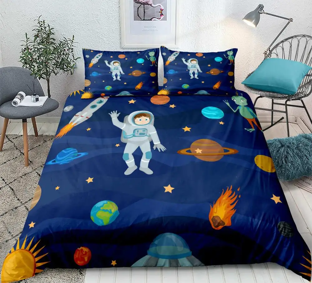 Комплект постельного белья с 3D рисунком, космическая подвеска в виде космонавта и планеты, набор пододеяльников, постельное белье для детей, домашний текстиль для мальчиков, 3 предмета - Цвет: 01