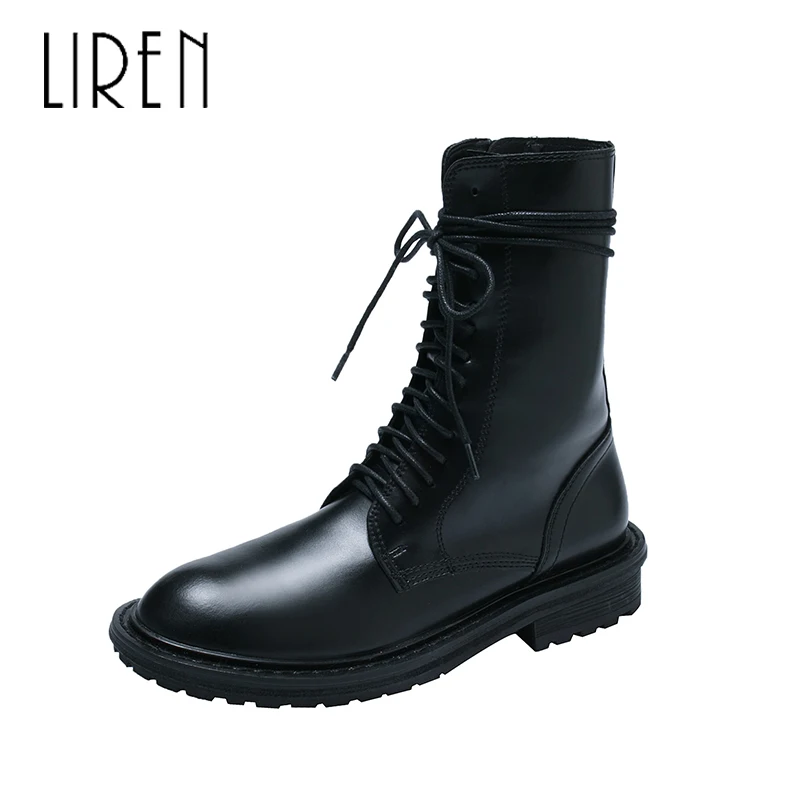 

Liren 2019 Spring/Autumn Women Fashion Casual Sexy Boots Lace-up Flat Heels Round Toe Ankle PU Boots Comfortable Lady Boots