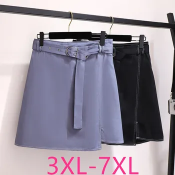 

2020 spring autumn plus size mini skirt for women large casual loose elastic waist short skirts belt blue 3XL 4XL 5XL 6XL 7XL