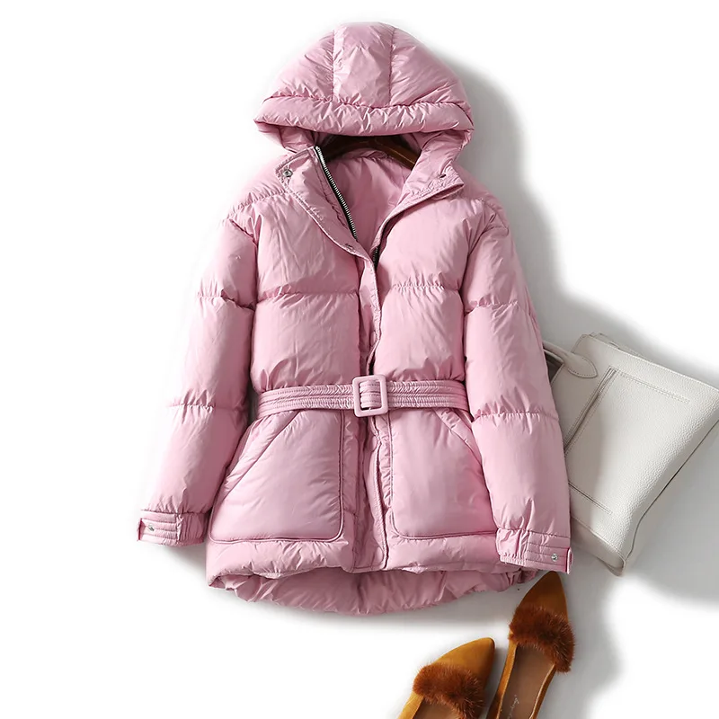 pink Зимнее теплое пальто с капюшоном и большими карманами из натурального гусиного пуха, женский тонкий пуховик, теплая куртка, толстые теплые парки с поясом F798 - Цвет: pink