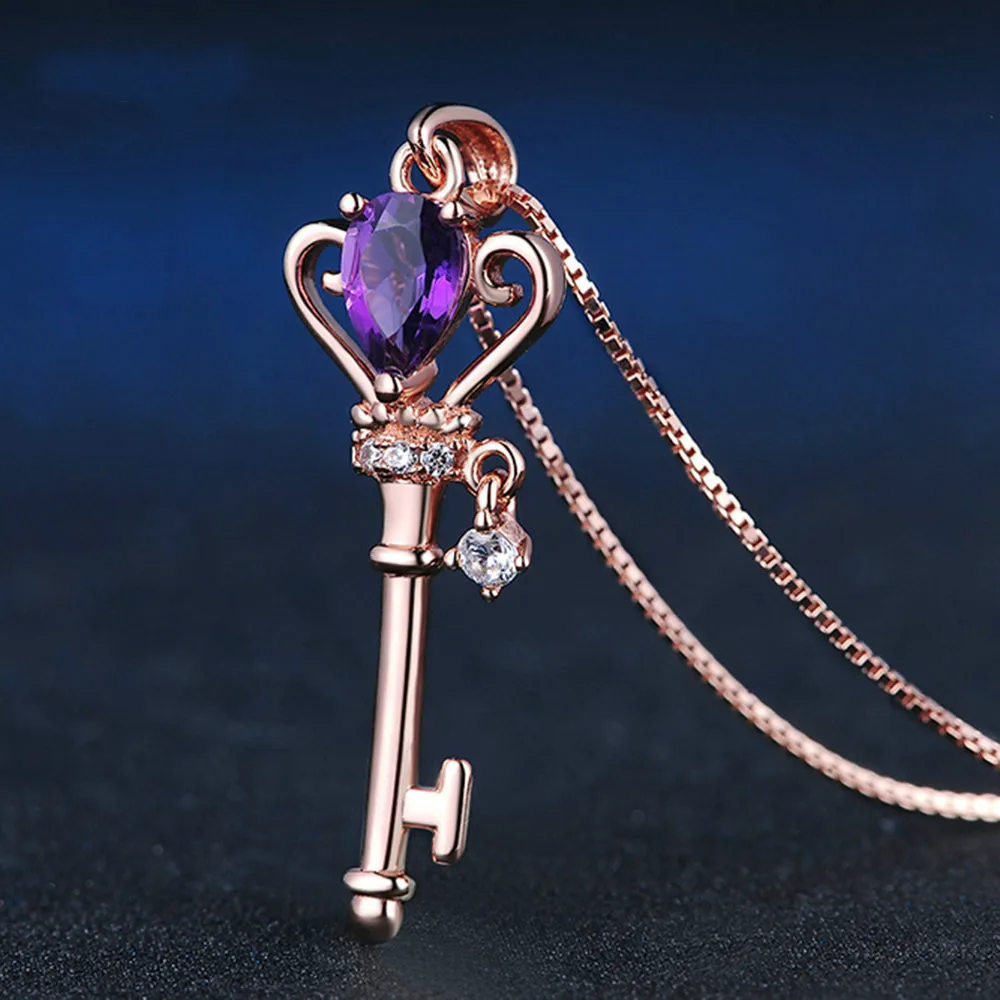 Natural Amethyst 925 Silver Mosaic Zircon Key Pendant Trendy Chain Necklace Fashion Charm Personality Jewelry Accessories